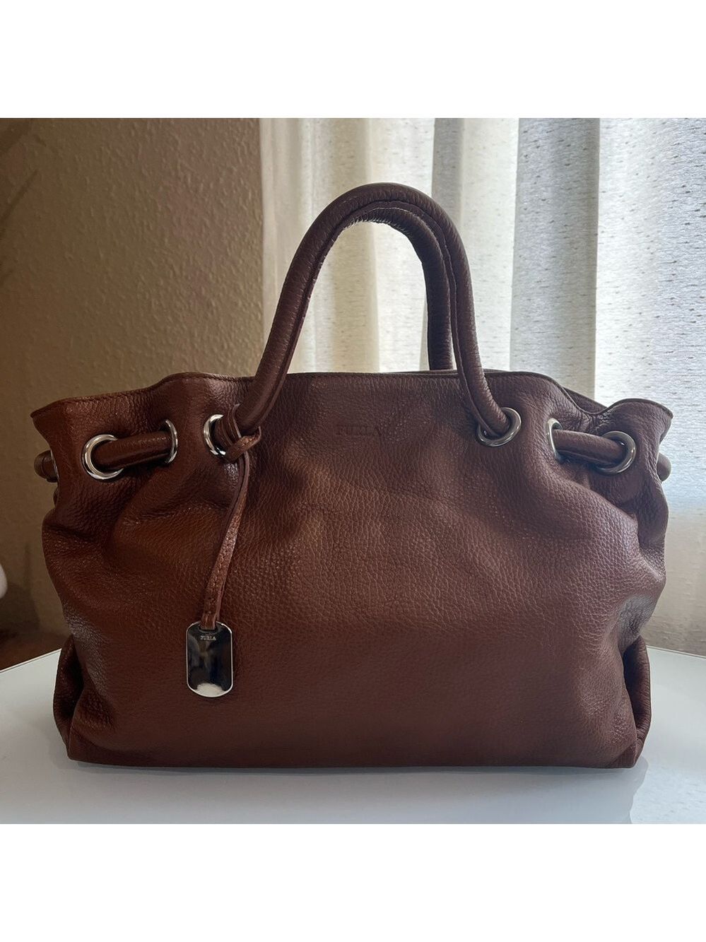 FURLA CAMEL COLORED PEBBLED LEATHER HANDBAG - Picture 16 of 16